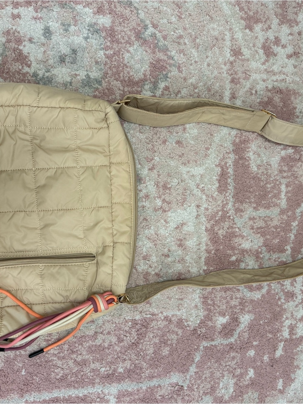 Quilted Beige Crossbody Bag with Colorful Tassel Accent